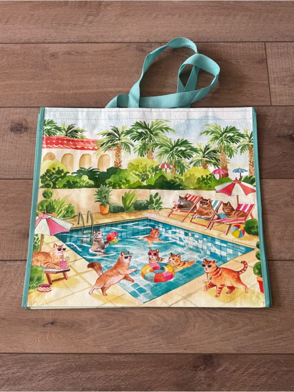 Homegoods TJMaxx Marshall Cats at Pool Print Reusable Shopper Tote Bags NWOT